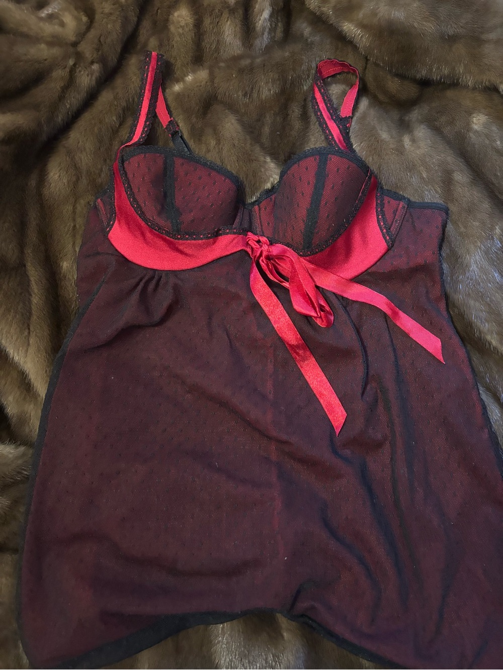 Sentiments Red & Black Sheer Polka Dot Lace Chemise Lingerie Top with Bow